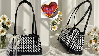 🖤DIY Black and White Woven Bag,The Most Elegant Handmade Bag I’ve Ever Made, Relaxing Craft Video