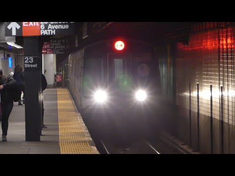 IND 6th Ave Line: R46 & R179 A & C Trains & R160B Siemens F Train at 23rd St-6th Ave (WKND G.O-SB)