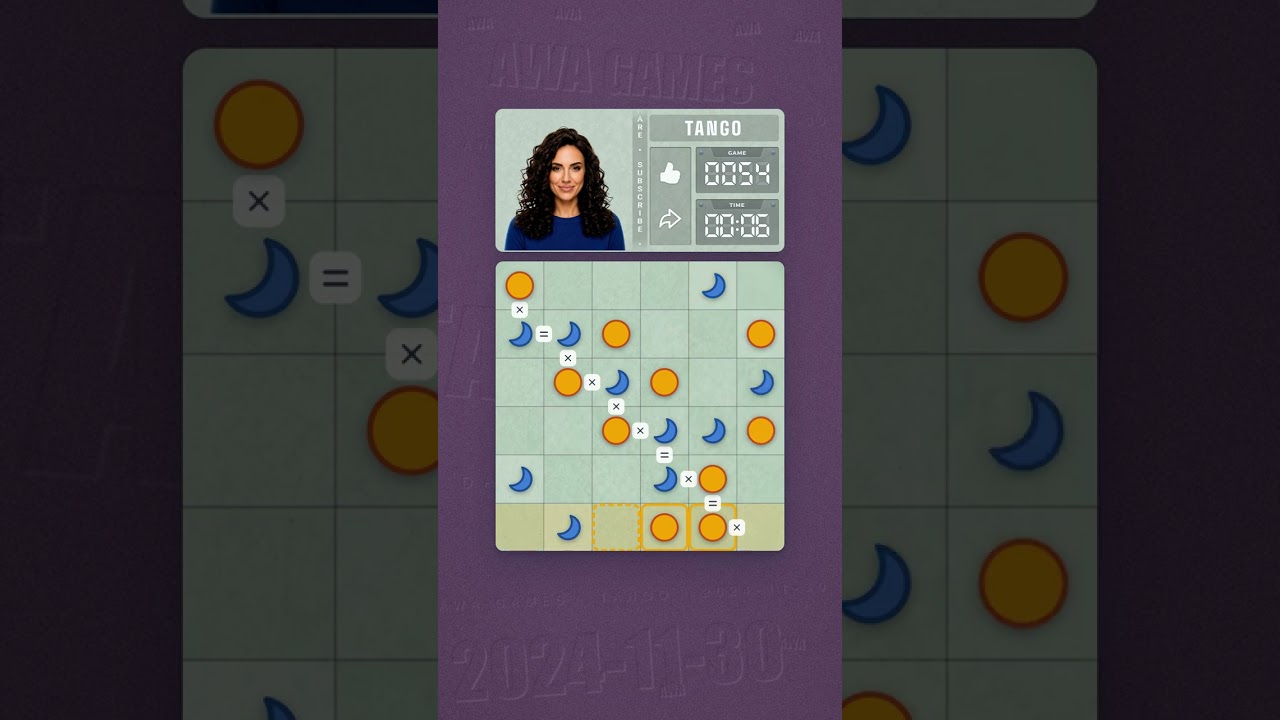 LinkedIn Tango #54 solved board for November 30, 2024, 6x6 grid