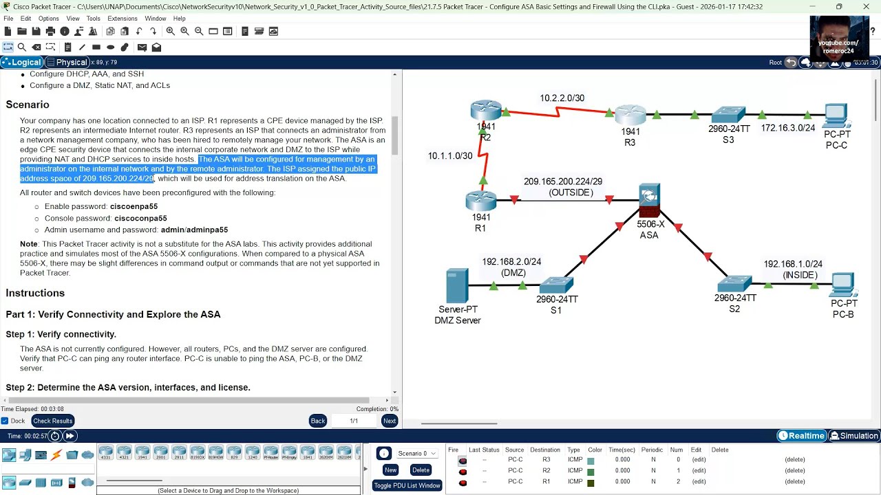 21.7.5 Packet Tracer - Configure ASA Basic Settings and Firewall Using ...