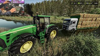Towing MAN TRUCK full of straw out of WATER with John Deere 8530 | Thrustmaster T248 gameplay