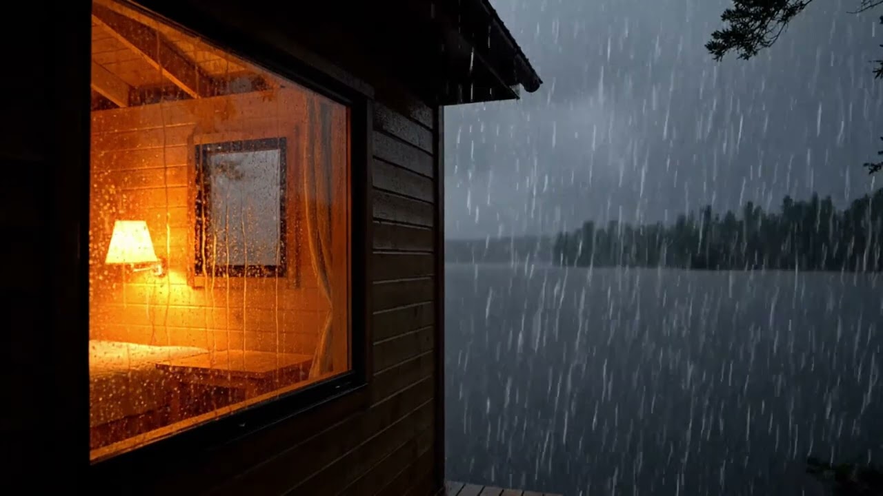 Heavy Rain Thunderstorm Lake Cabin Ambience for Deep Sleep (10 Hours)