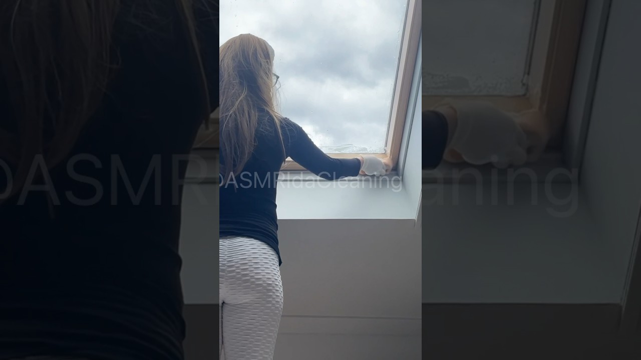 scrubbing, squeegee clean the attic window 