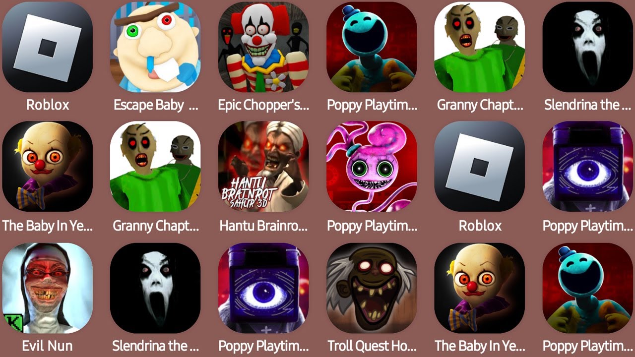 Roblox,Escape Baby Bobby Daycare,Epic Chopper's Carnival,Poppy Playtime Chapter 4,Evil Nun...