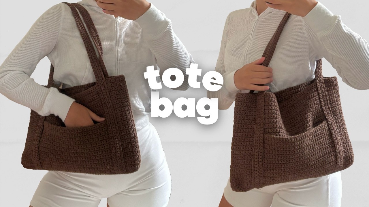 Crochet Simple Tote Bag With Pocket Tutorial | Crochet back to school bag