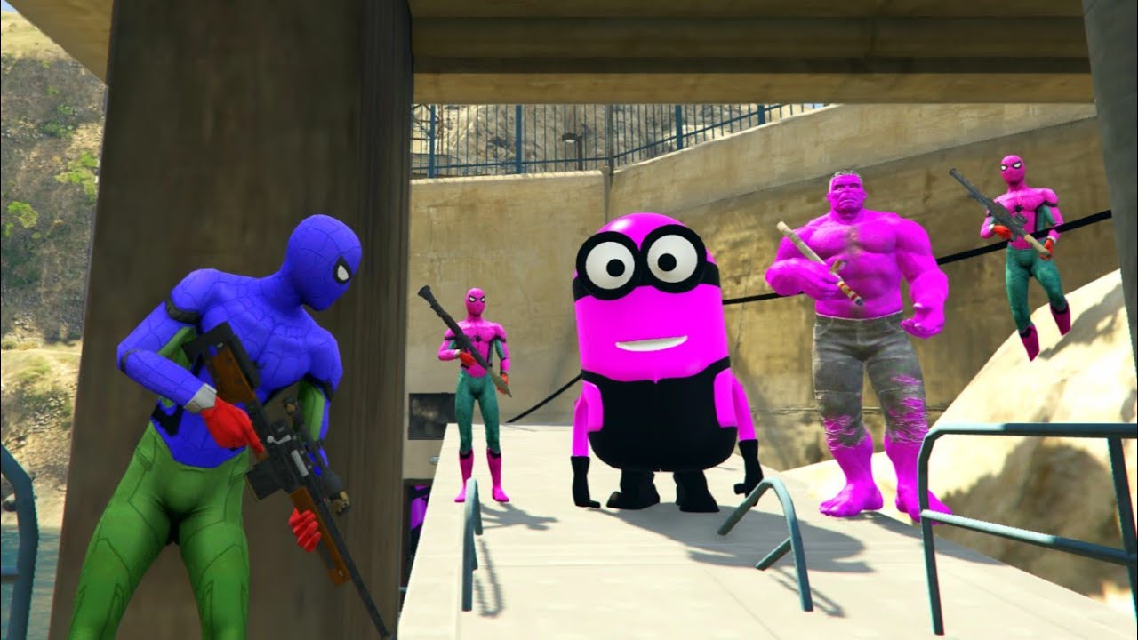 Gta 5 blue spiderman vs pink minions, hulks & spiderman funny Ragdoll