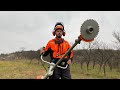 Stihl fs 560 cem with circular saw blade carbide cutting young trees motocoasa cu disc circular