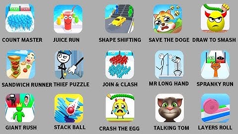 Count master, Juice run, Shape shifting, Save the doge, Draw to Smash, Sandwich runner, Spranky run