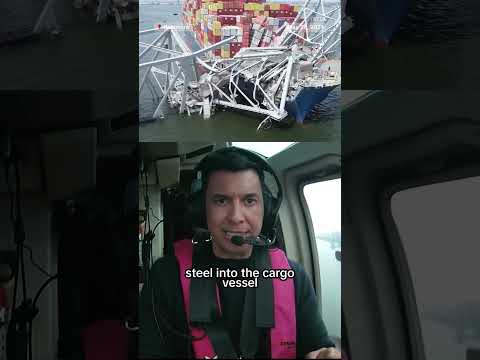 View from the air of collapsed Baltimore bridge and cargo ship.