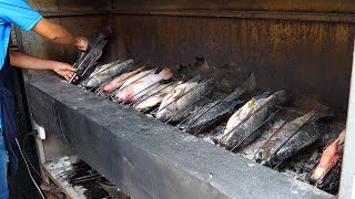 Rotating grilled river fish, Thai night market food