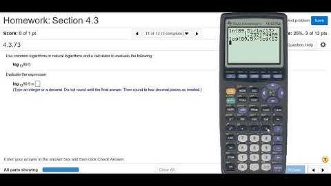Computing log_13(89.5) with the TI-83 Calculator and Change of Base Formula MyMathlab