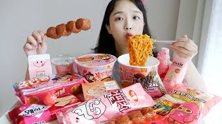 Pink Convenience Store Foods Real Sound Mukbang💝Brand New Rose Fire Noodles etc | Eating Show ASMR:D