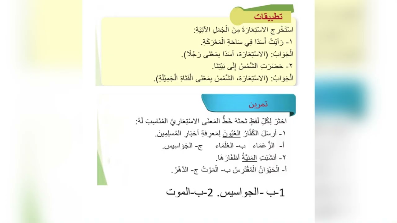 شذرات بلاغية (الأستعارة) الصف الرابع الأدبي