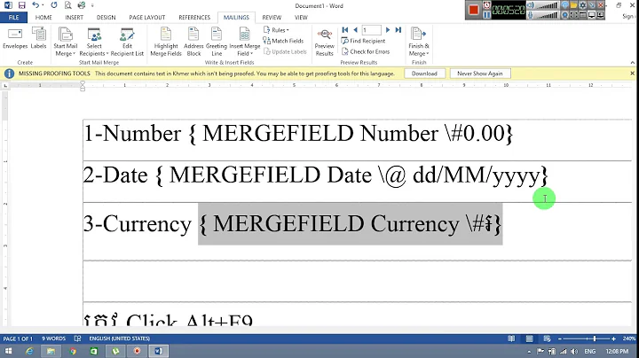 Format Number Date Currency in Ms Word With Mail Merge from Excel