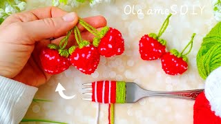 It's so Cute ☀️🍓 Super Easy Strawberry Making Idea with Fork - You will Love It- DIY Yarn Strawberry