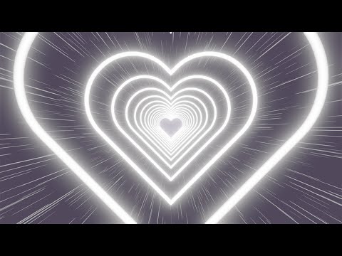 Neon tunnel of white hearts on a pale blue striped background. Video Loop