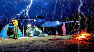 Heavy Rain Camping, Crowded Camping on the river bank, ASMR, relaxing rain soud
