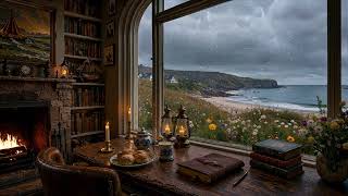 Scotland Coastal Library: Cosy Rainy Day 📖, Celtic Music & Crackling Fire | Dark Academia Ambience