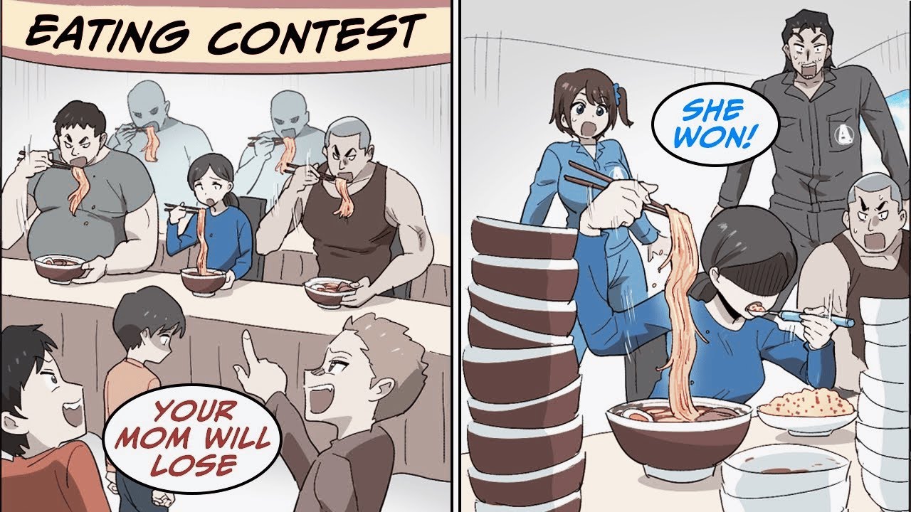 My skinny mom who was poor and trying to make ends meet, entered an eating contest [Manga Dub]