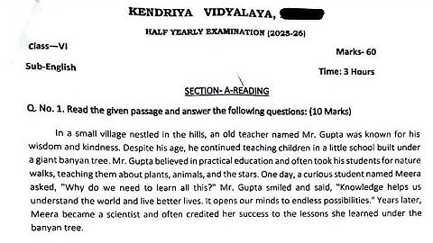 Class-6 English / Half Yearly Exam 2025-2026 Question Paper Term-1 PM SHRI Kendriya Vidyalaya 