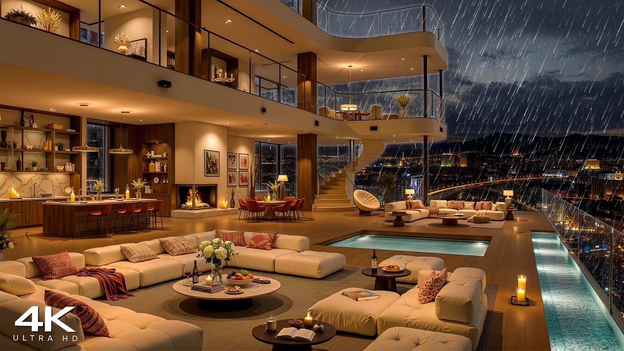 [4K] Peaceful Rainy Jazz 🌧️ Cozy Luxury Apartment with Elegant Jazz & Crackling Fireplace to Sleep