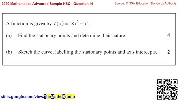 2020 Maths Advanced Sample HSC Q14 Find stationary points & determine their nature of f(x)=18x²-x⁴