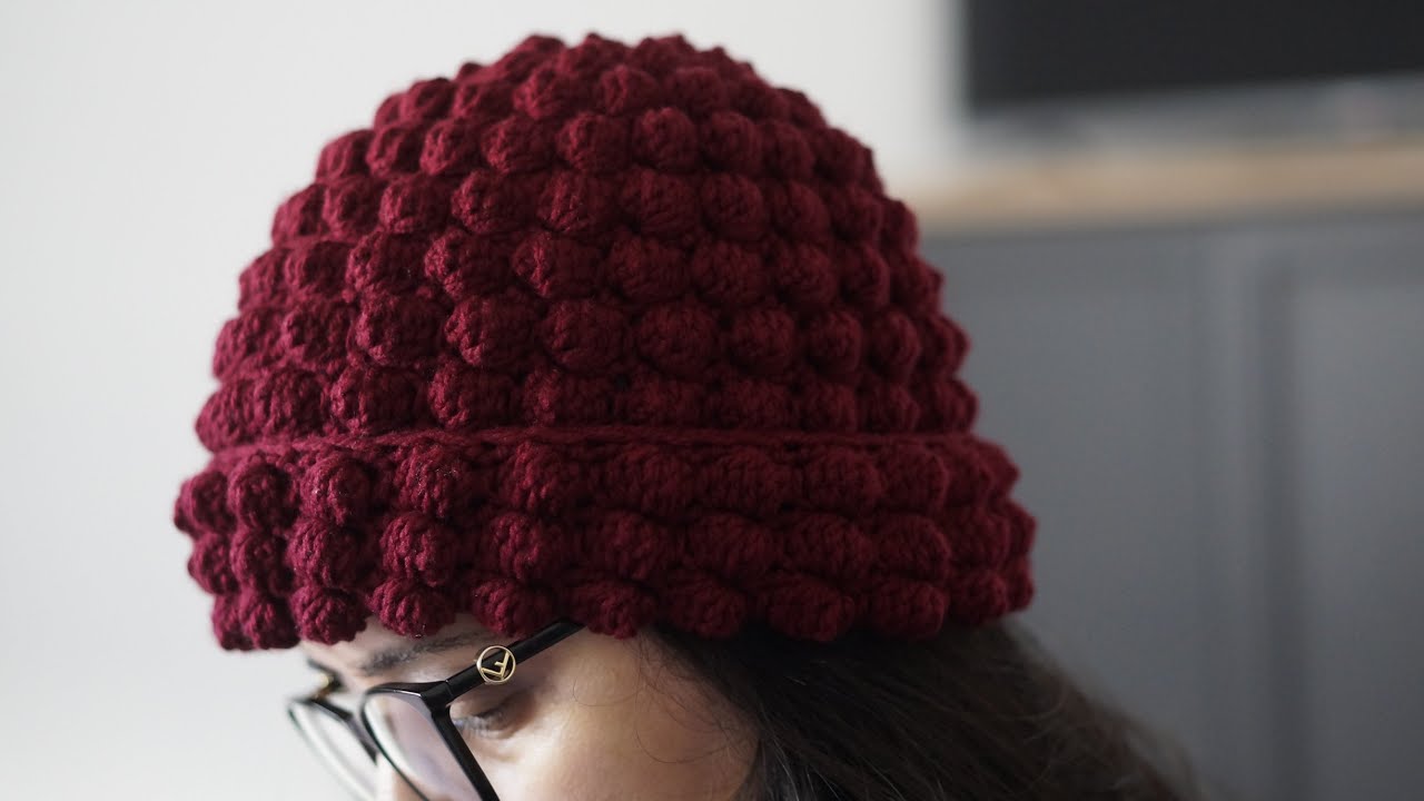 Left-handed: How to crochet the bobble stitch Fisherman beanie 