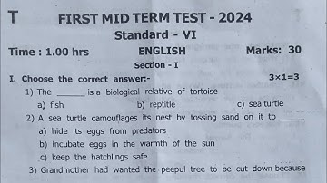 6th English First mid term test Original Question Paper 2024|6th English 1st mid term Exam 2024|