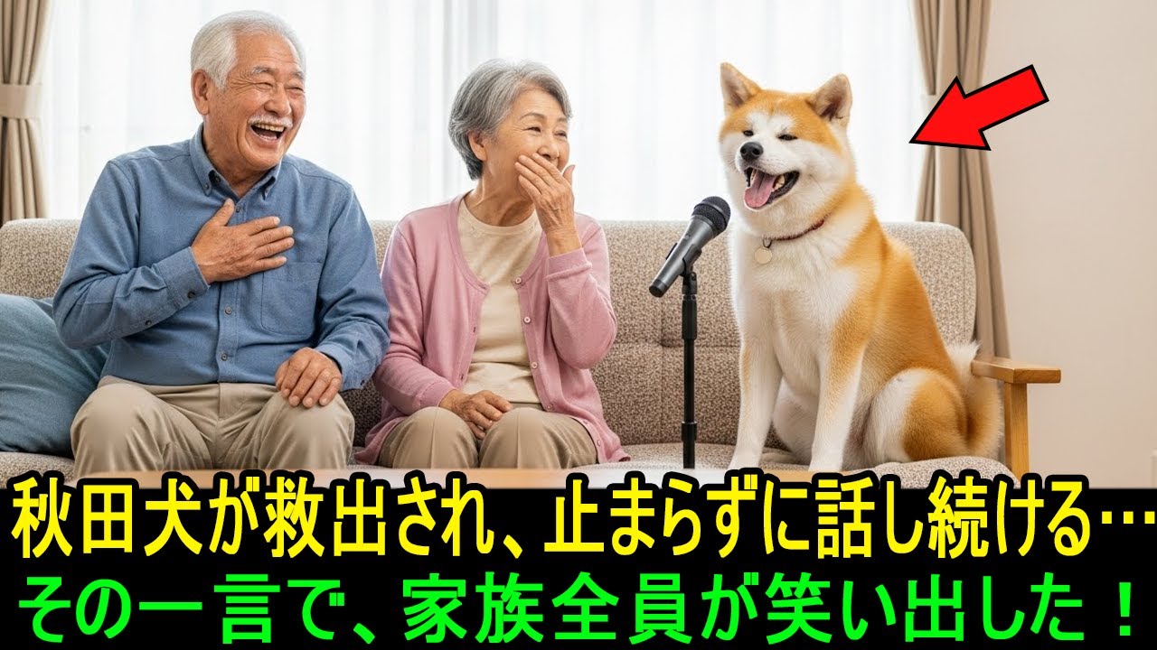 秋田犬が救出され、止まらずに話し続ける…その一言で、家族全員が笑い出した！