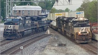 2 NS trains north and south bounds mixed freight trains Marion Ohio