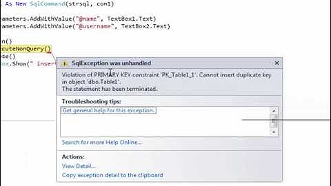 VB.net: Insert data into sql Database and fix an error Violation of PRIMARY KEY with code