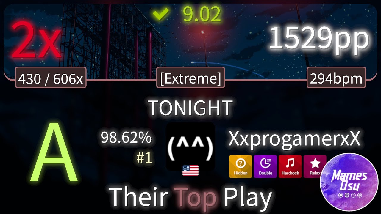 9.02⭐ XxprogamerxX | Bentham - TONIGHT [Extreme] +HDDTHRRX 98.62% (#1 1,529pp 2❌) -osu!