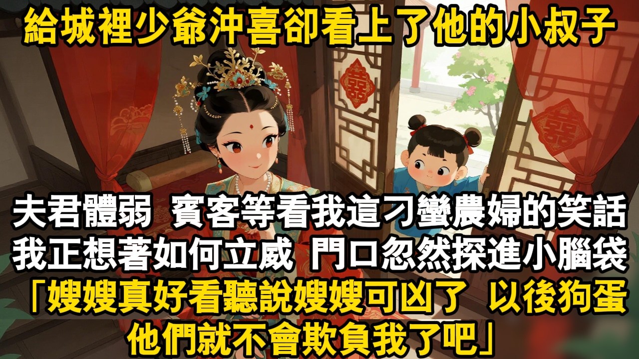 給城裡少爺沖喜卻看上了他的小叔子，夫君體弱賓客等看我這刁蠻農婦的笑話我正想著如何立威 門口忽然探進小腦袋「嫂嫂真好看聽說嫂嫂可凶了以後狗蛋他們就不會欺負我了吧」#爽文 #故事頻道 #大女主 #萌娃