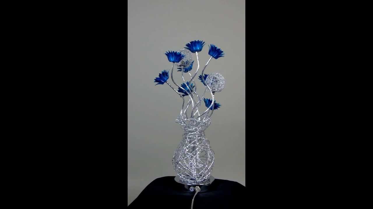 Woven Wire Table Lamp - Silver with Blue Delicate Flowers - Turned off - www.wirelampsdirect.co.uk