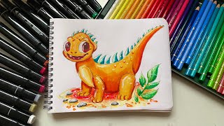 Рисование маркерами. Пошаговый урок рисования милого динозавра.