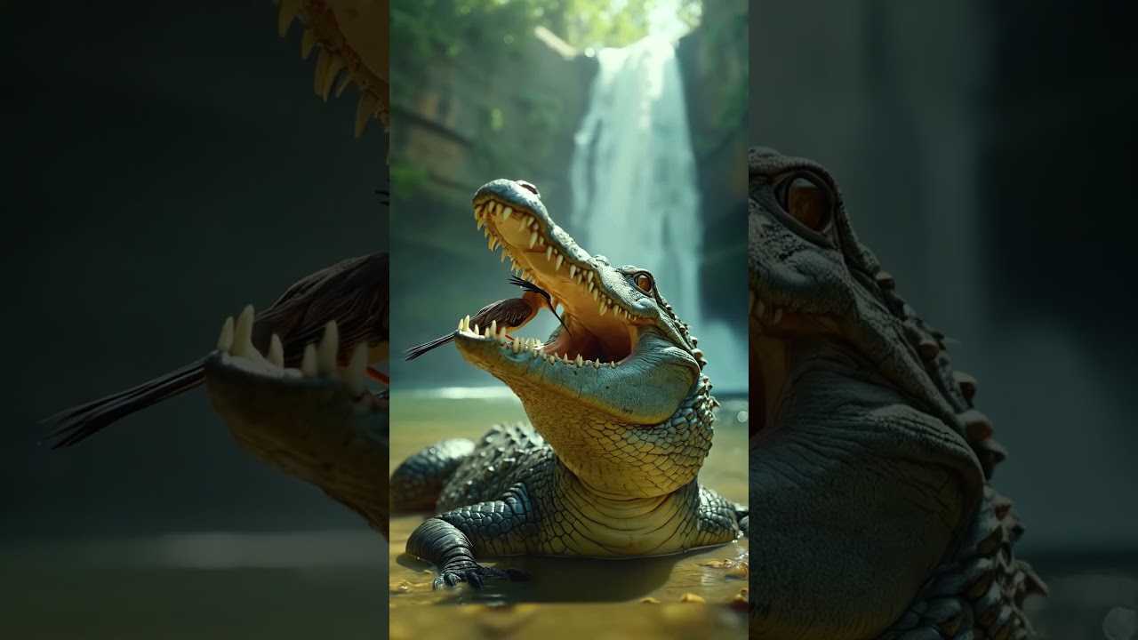 Huge Alligator Opens Mouth, and a Bird Cleans Its Teeth! 