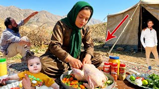 Soumaya cooking: a stuffed chicken in the wild   collecting firewood and grazing herds
