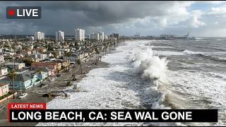 California Flooding!🌊 Waves Wipe Out Long Beach's 8-Foot Sand Wall, Water Hits the Streets, USA