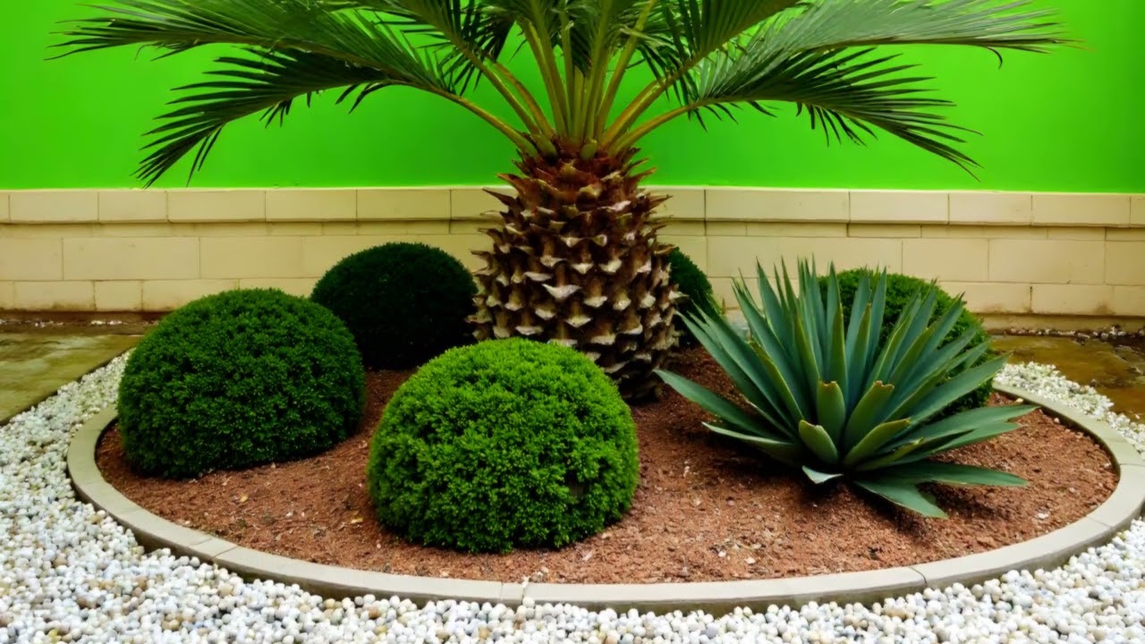 A meticulously manicured garden with perfectly spherical green bushes