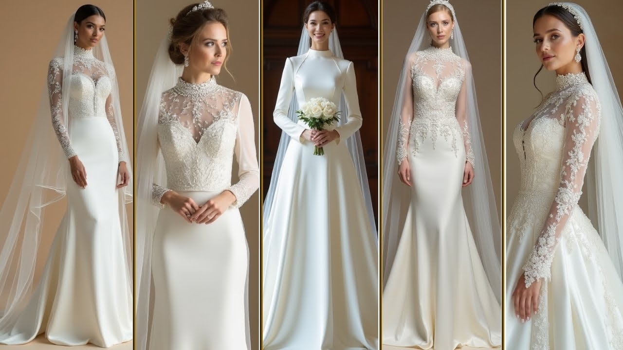Элегантные свадебные платья с высоким воротом, длинными рукавами и фатой: идеально для осени и зимы