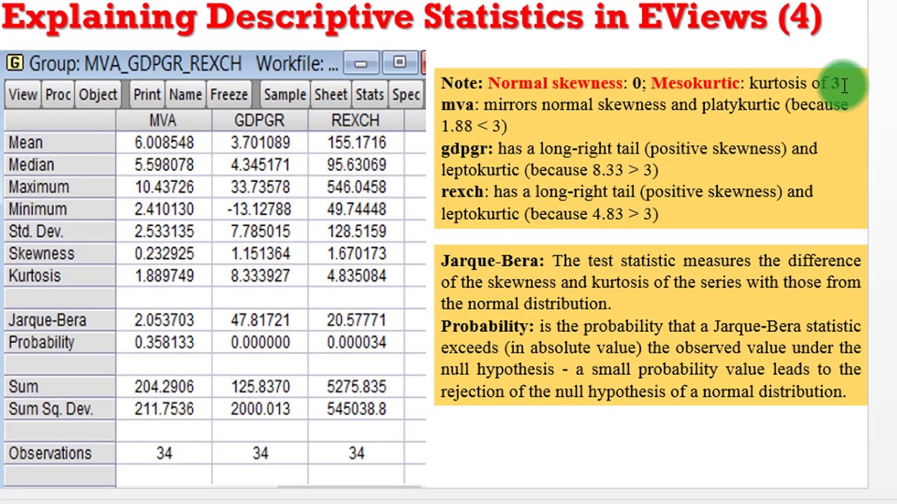 (EViews30):Interpret Descriptive Statistics #descriptivestats #interpret  #eviews #output