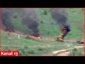 Russians&#39; advancing trucks and armored vehicles catch fire after a drone strike