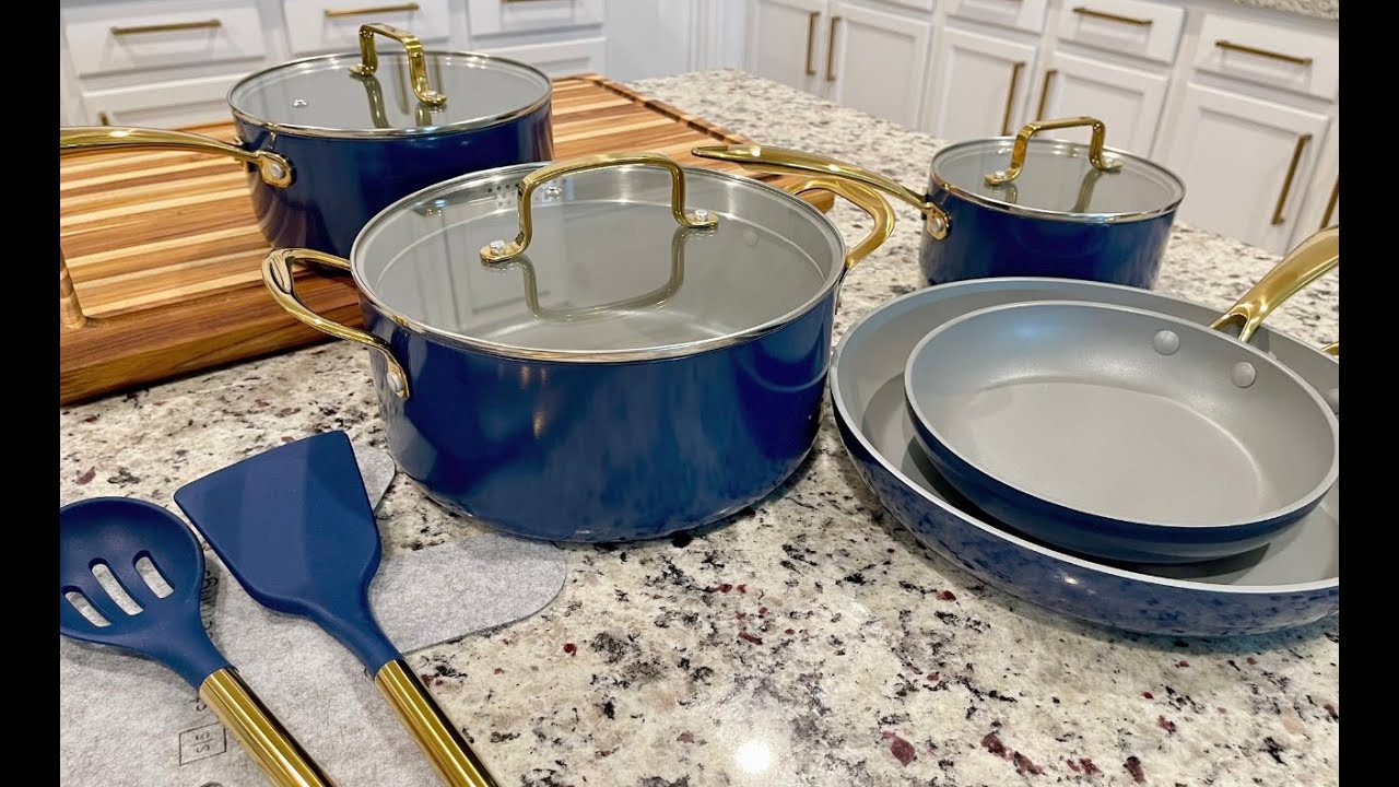 Navy Blue Pots and Pans Set Nonstick - 15 Piece Luxe Gold Pots and