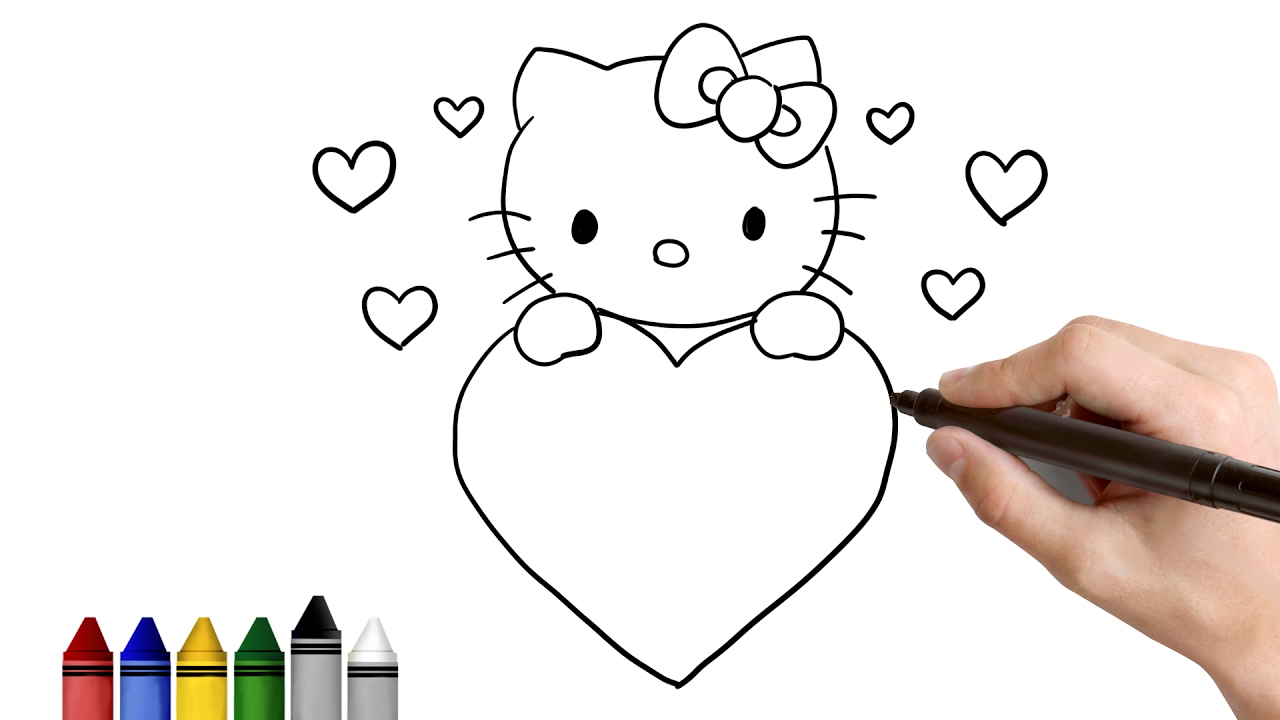 Hello Kitty drawing with love heart, How to draw Hello Kitty step by step