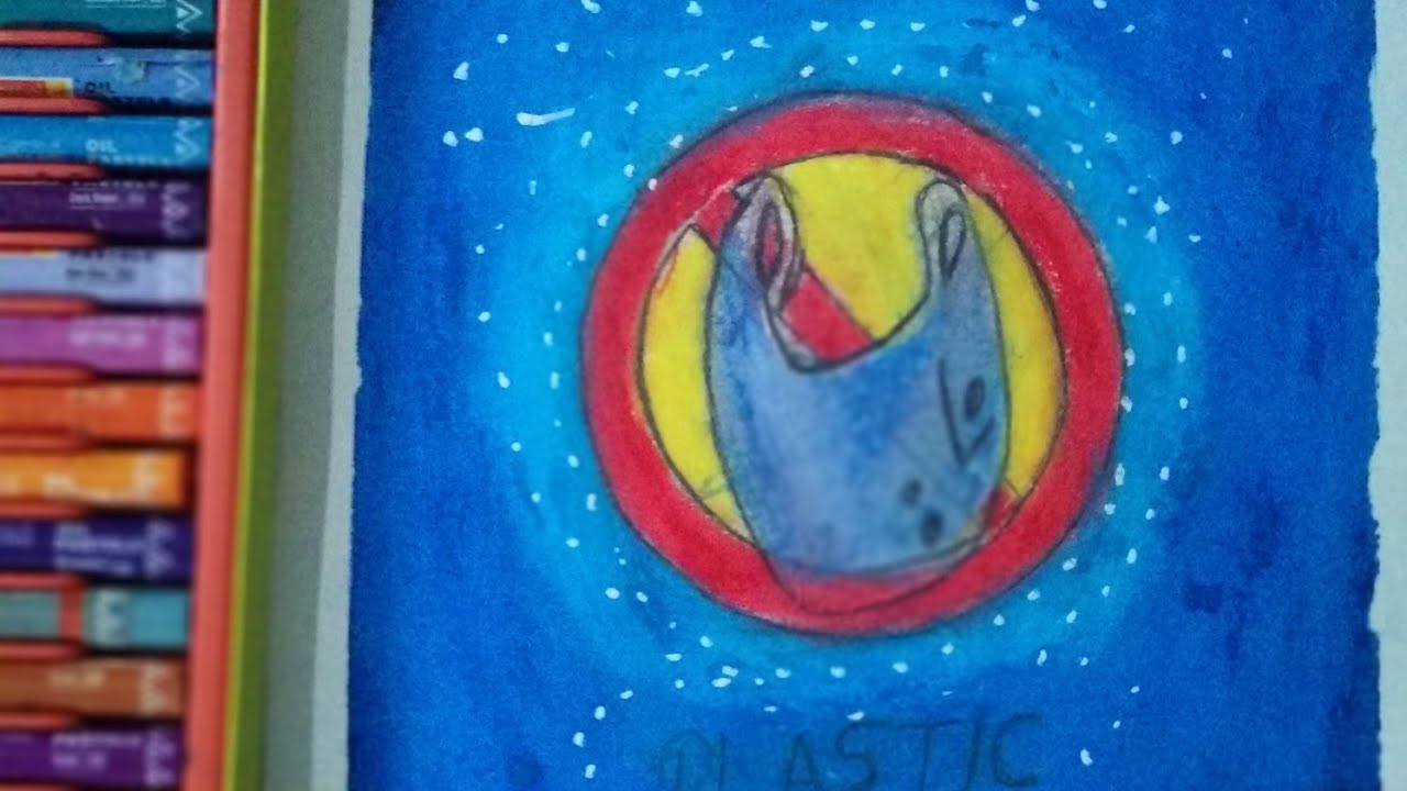 Stop plastic bags pollution drawing with oil pastels colours || step by step