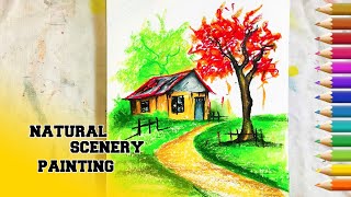 Natural Scenery Painting For Beginners, Oil Pastel Drawing, Step By Step