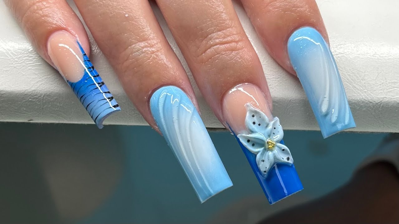 Long Ombre Zebra Print French 3d Floral Acrylic Nails | Fill