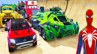 Spiderman Cars Monster Trucks Mega City Ramp Challenge ! Superhero Greeen Goblin Fire Truck - Gta V