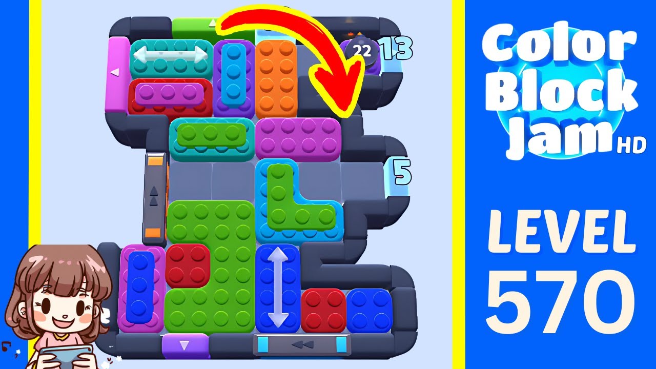 Color Block Jam Level 570 Level 570 narrow board with a visible Level 570 badge, top cyan counter, right-side cyan lane, large green lower block, and blue vertical exit route opening frame