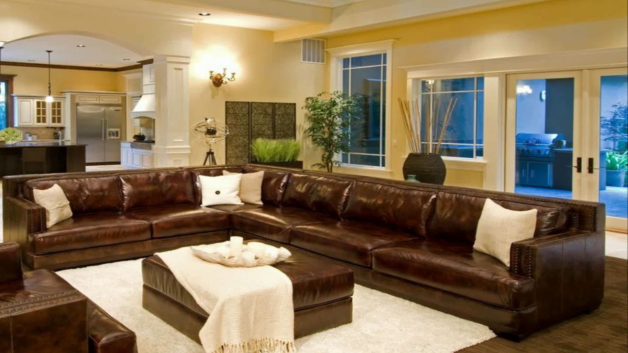 Brown Leather Sectional In Living Room